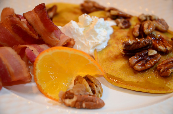 Pumpkin Pancakes w/Carmelized Pecans, Whipped Cream and Ginger Syrup