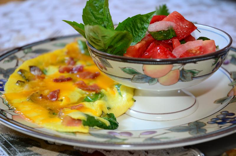 Tomato, Onion, Basil Salad with a Spinach, Bacon, and Cheese Omelet!