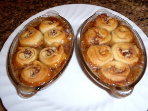 One ramekin of sticky buns will make 2 portions. One can of crescent rolls will make 3 of these so bake off one for a couple and freeze the rest. Bake off when needed. One ramekin of sticky buns will make 2 portions. One can of crescent rolls will make 3 of these so bake off one for a couple and freeze the rest. Bake off when needed.