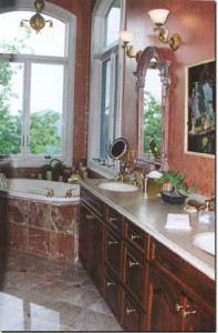 Roman Holiday Bath- Double Sinks with a 6' Counter, Platform Whirlpool Tub, and Separate Clear Glassed in Shower